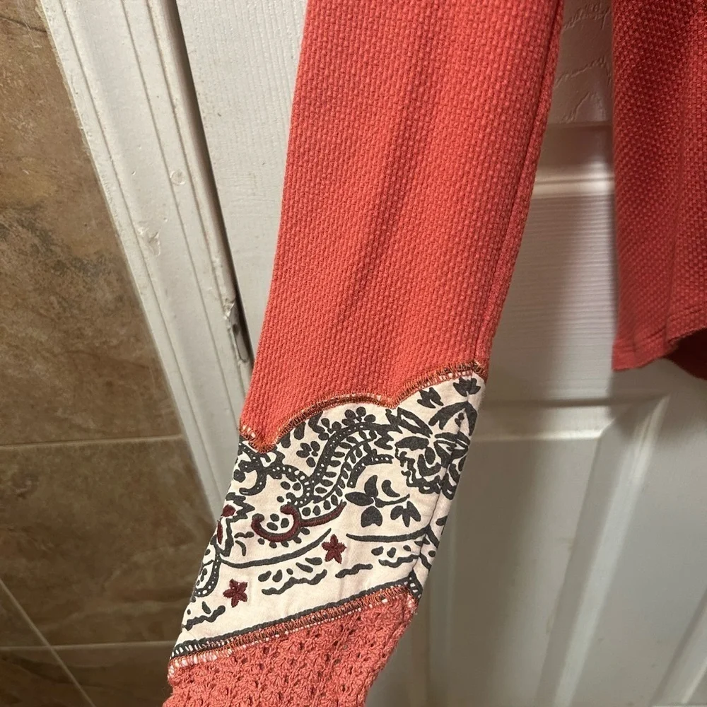 Free People Bandana Cuff Thermal Waffle Knit Layering Long Sleeve Top